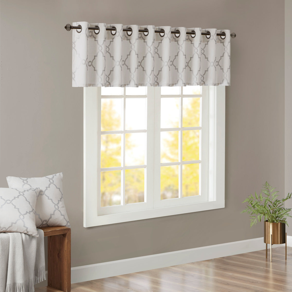 Fretwork Print Grommet Top Window Valance Ivory/Grey 50x18"