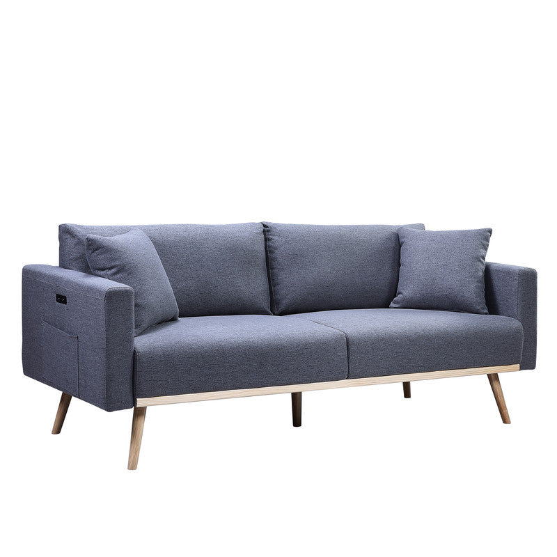 Elio 75"W Dark Gray Linen Fabric Sofa with USB Charging Ports Pockets & Pillows
