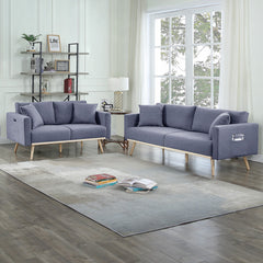 Elio Dark Gray Linen Fabric Sofa Loveseat Living Room Set with USB Charging Ports Pockets & Pillows
