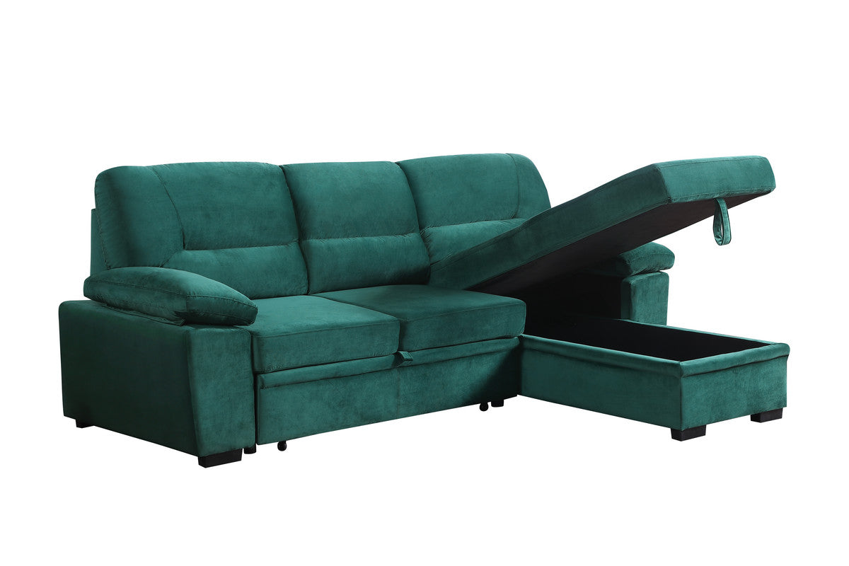Kipriano 97.5"W Green Velvet Fabric Reversible Sleeper Sectional Sofa Chaise