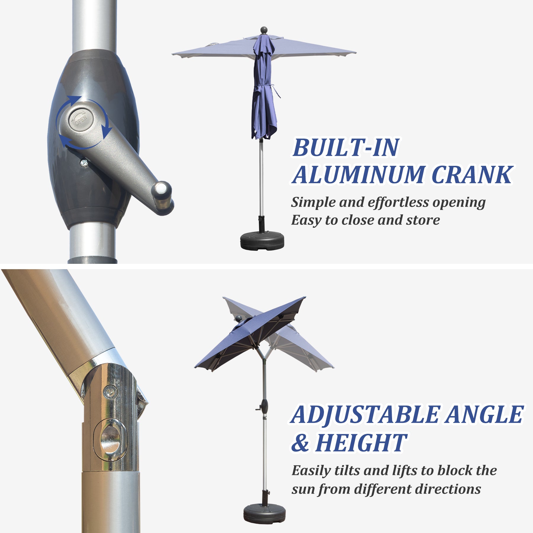 Rectangle Patio Umbrella with Crank Lift and Tilt Function, Navy Blue (Base not included)