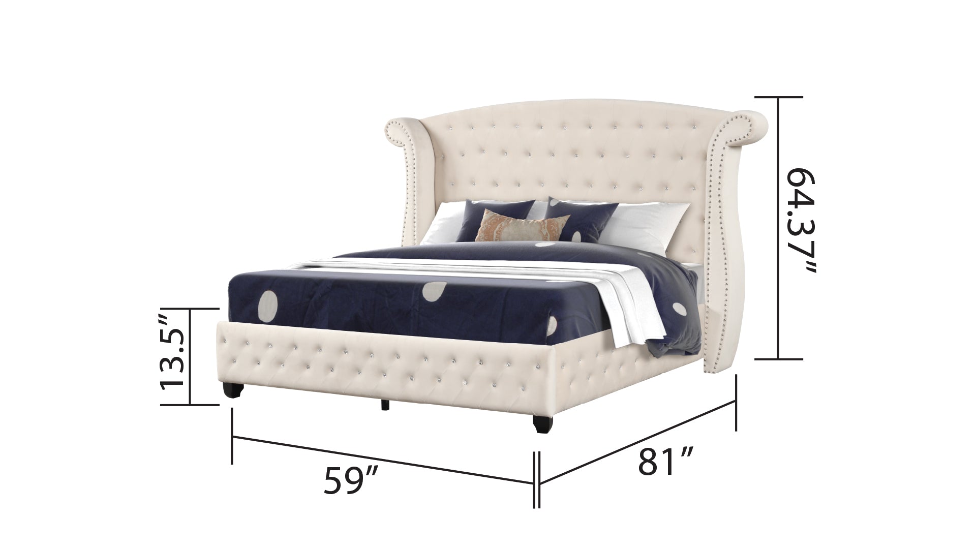 SOPHIA Crystal Tufted Full 4 Pc Bed Made with Wood in Cream(NJ INVENTORY)