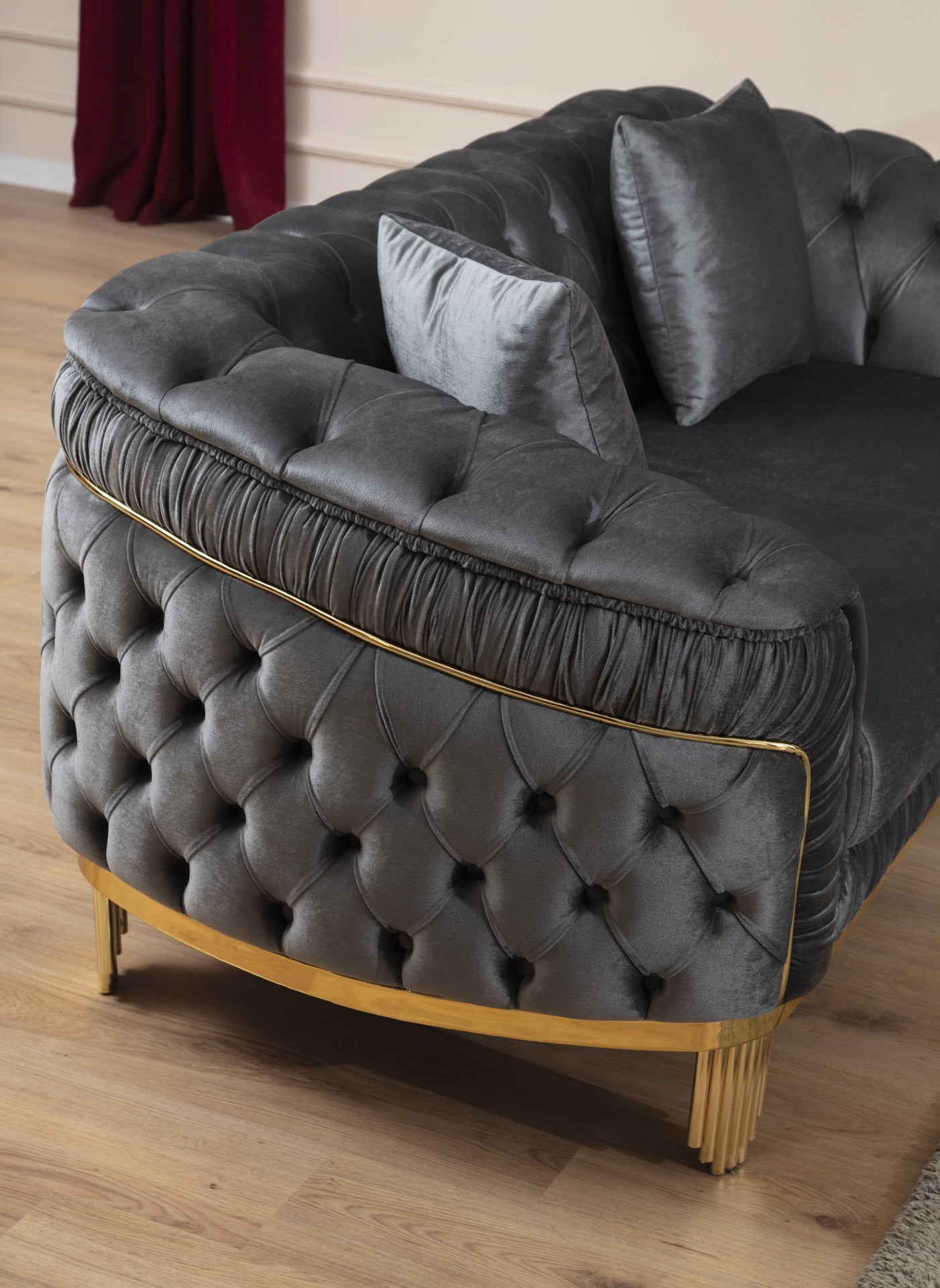 VANESSA 3 PC Livingroom Set in Grey and Gold with Fabric button-tufted velvet upholstery Finish (NJ INVENTORY)