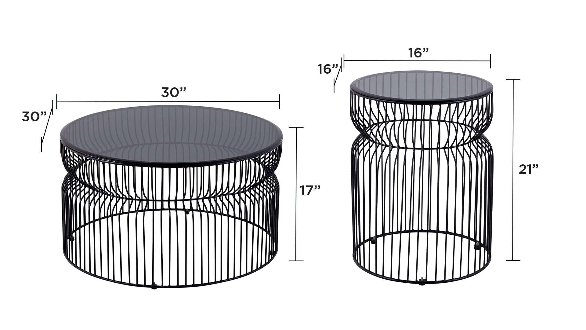 CT901 & ET901 Set Modern Contemporary Metal Nested base and Tinted tempered glass top material 30" Round Coffee Table, 21"Height End Table, Side Table for Living room, Black