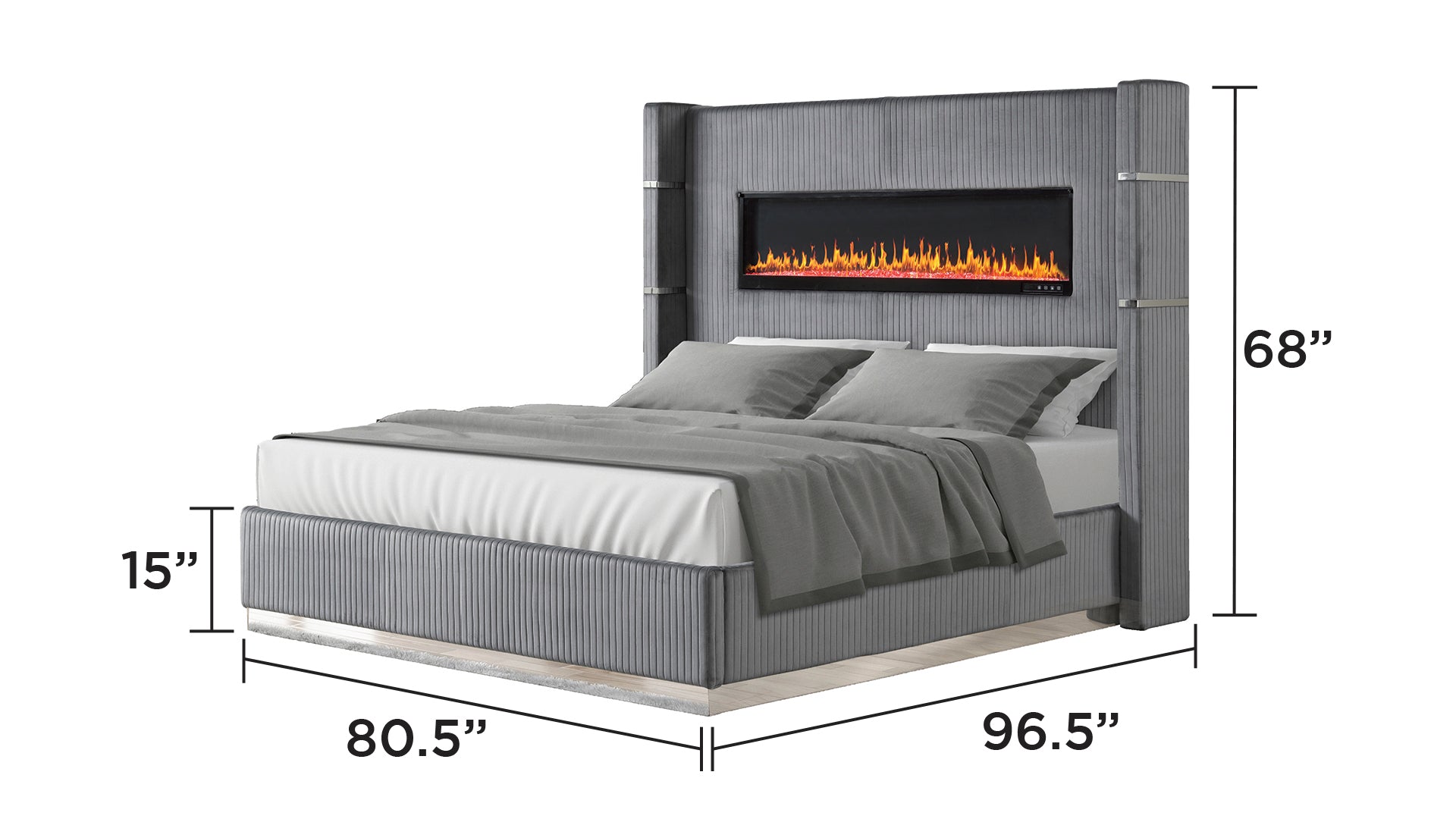 Lizelle Upholstery Wooden King Bed with Ambient lighting in Gray Velvet Finish same as B00977486 (CA inventory)