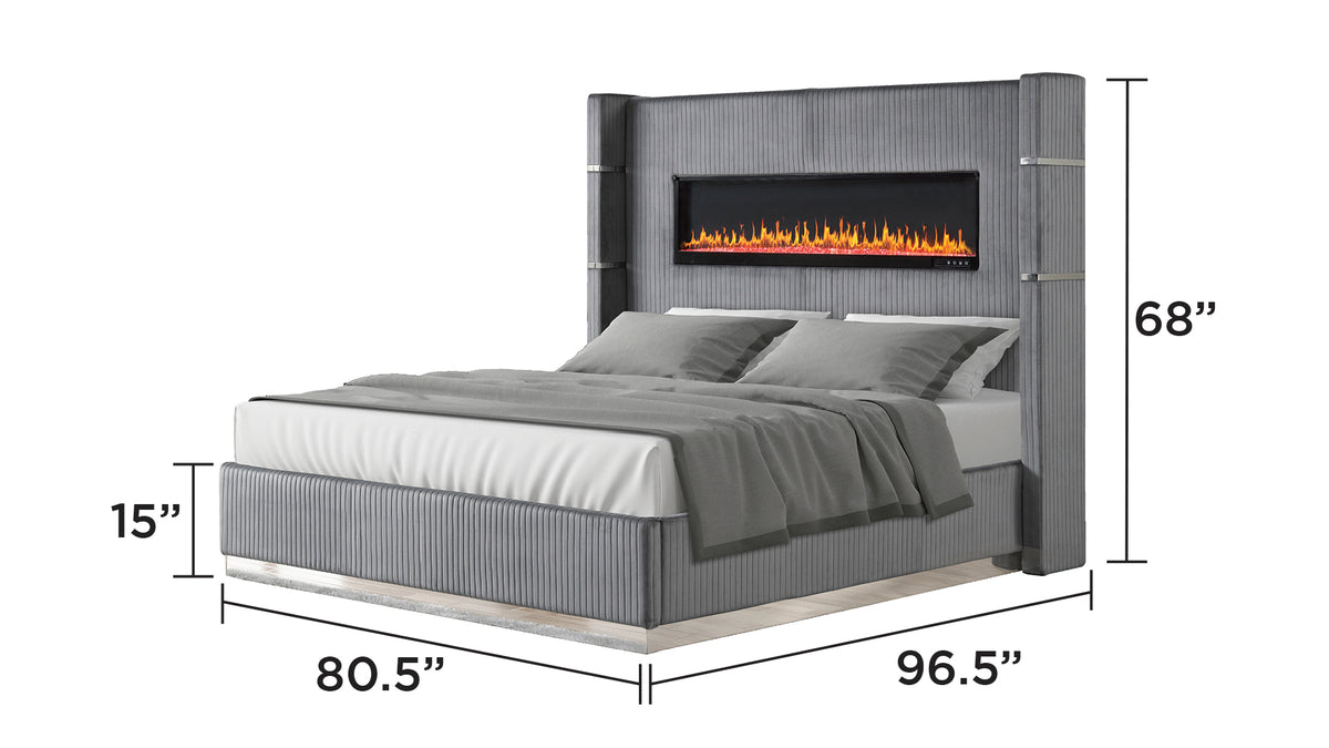 Lizelle Upholstery Wooden King Bed with Ambient lighting in Gray Velvet Finish same as B00977486 (CA inventory)