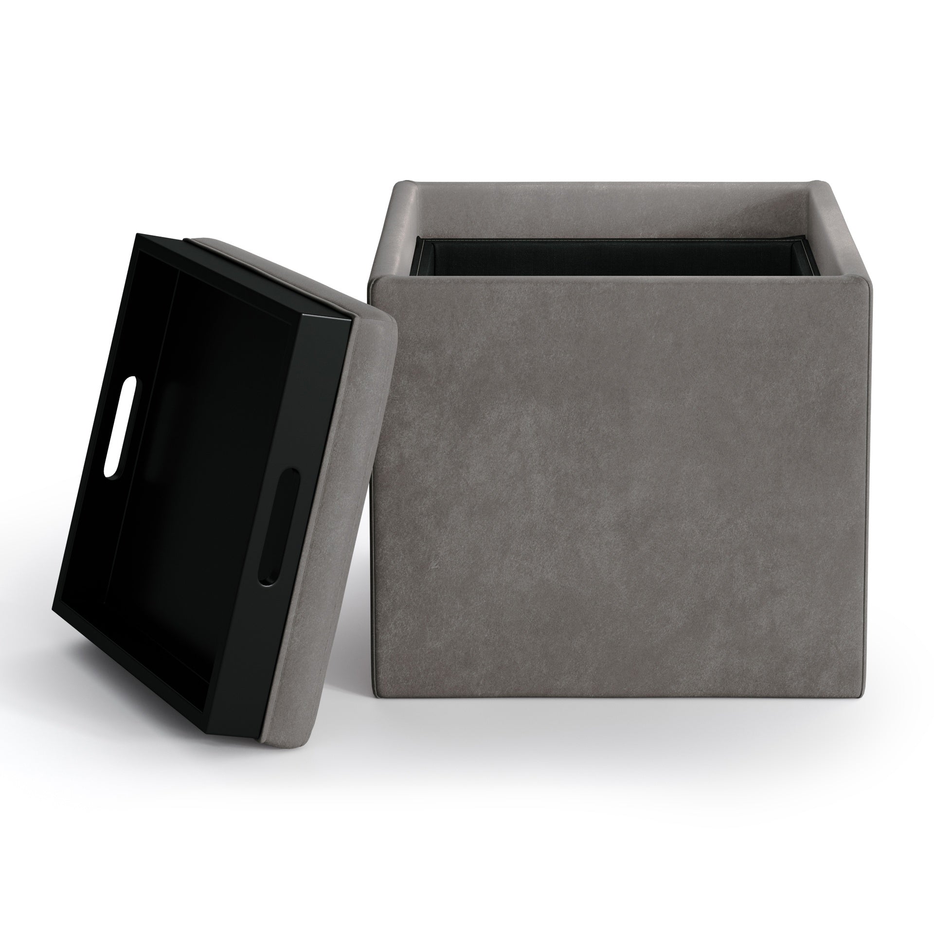 Rockwood 17 inch Wide Cube Storage Ottoman with Tray in Distressed Slate Grey Vegan Leather