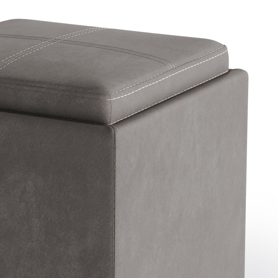 Rockwood 17 inch Wide Cube Storage Ottoman with Tray in Distressed Slate Grey Vegan Leather