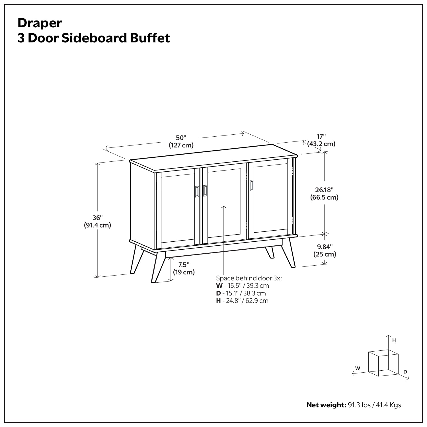 Draper Mid Century 3 Door Sideboard Buffet