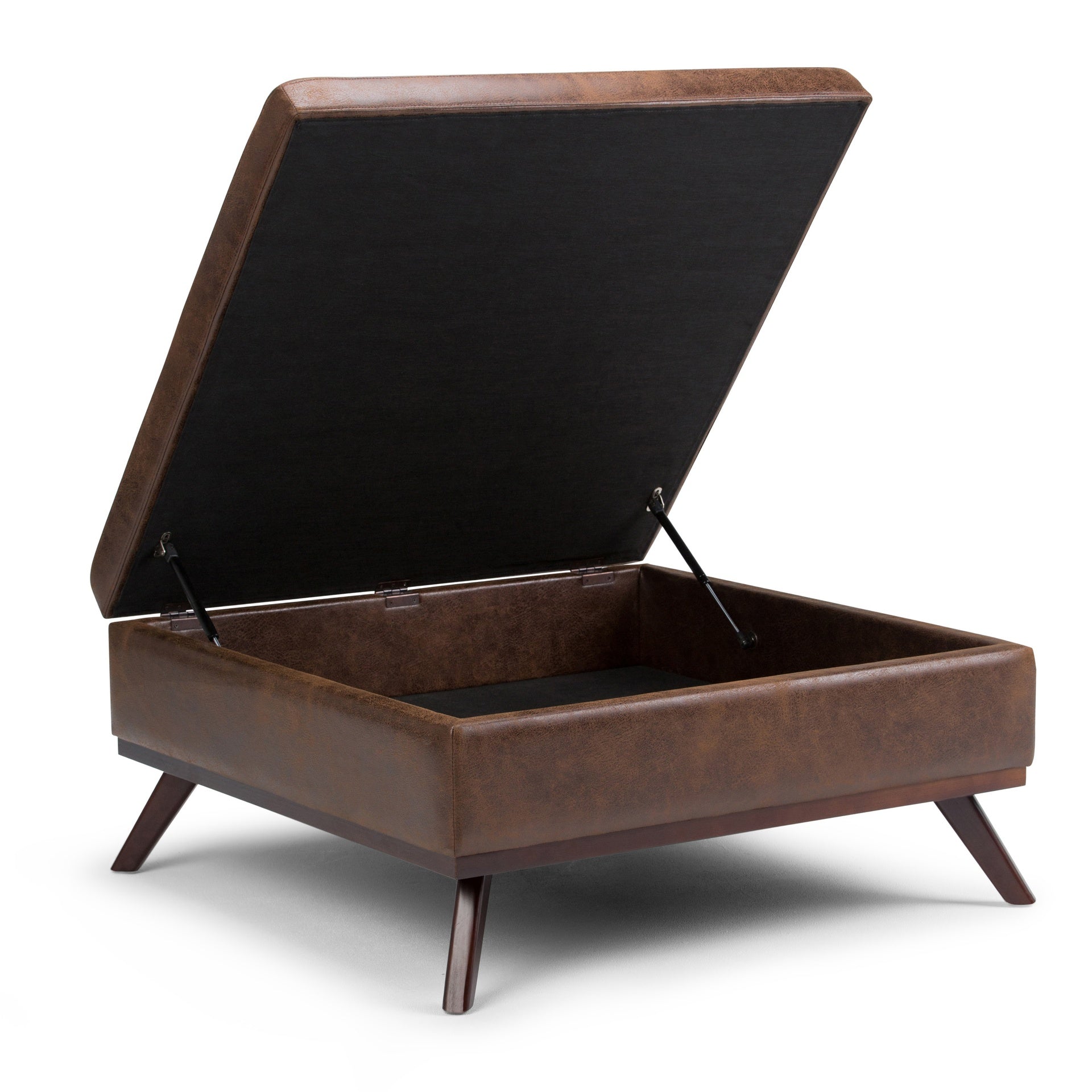 Owen 36 inch Wide Square Coffee Table Storage Ottoman in Distressed Chestnut Brown Vegan Leather