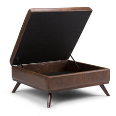 Owen 36 inch Wide Square Coffee Table Storage Ottoman in Distressed Chestnut Brown Vegan Leather
