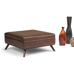 Owen 36 inch Wide Square Coffee Table Storage Ottoman in Distressed Chestnut Brown Vegan Leather