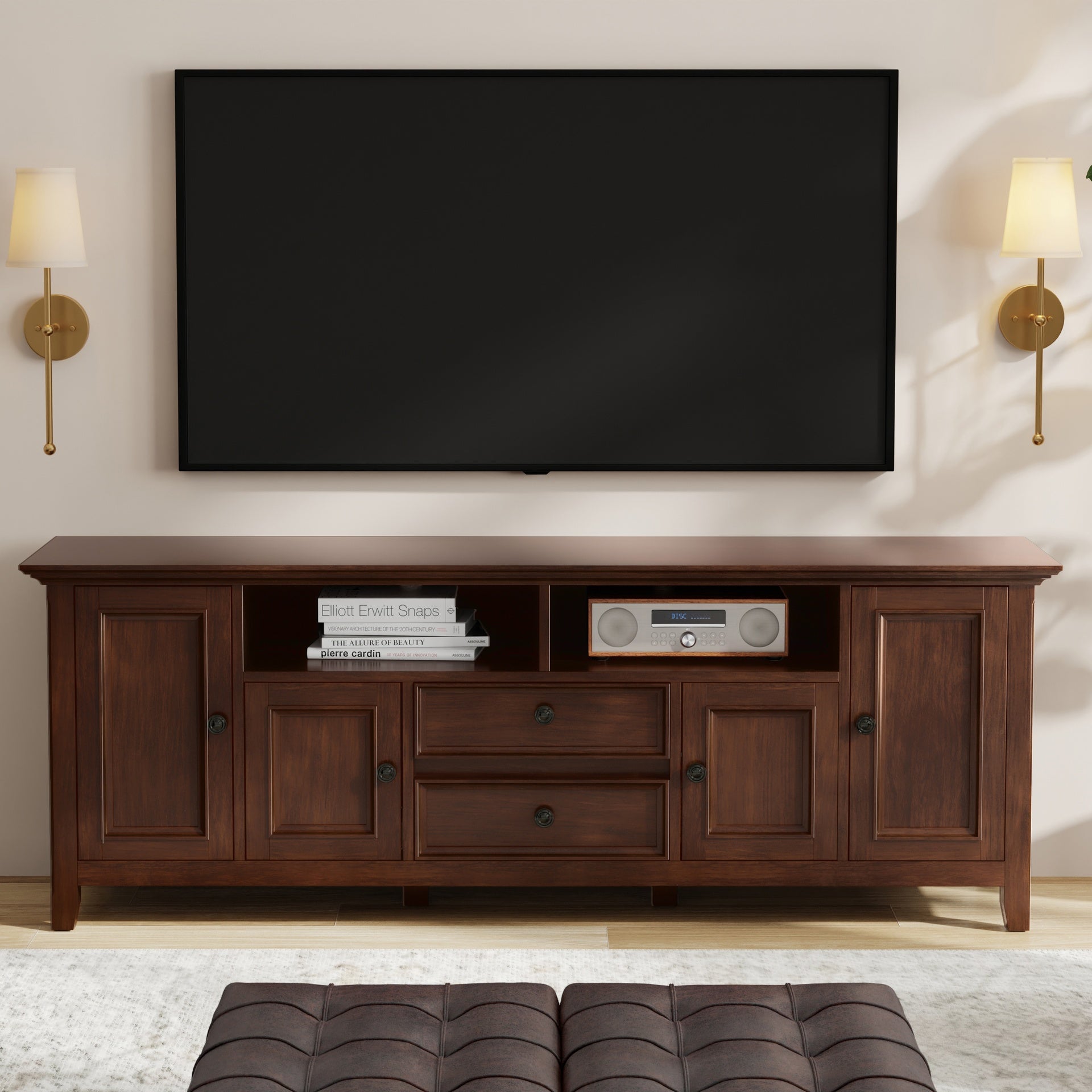 Amherst 72 inch Wide Solid Wood TV Stand in Russet Brown For TVs up to 80 inches