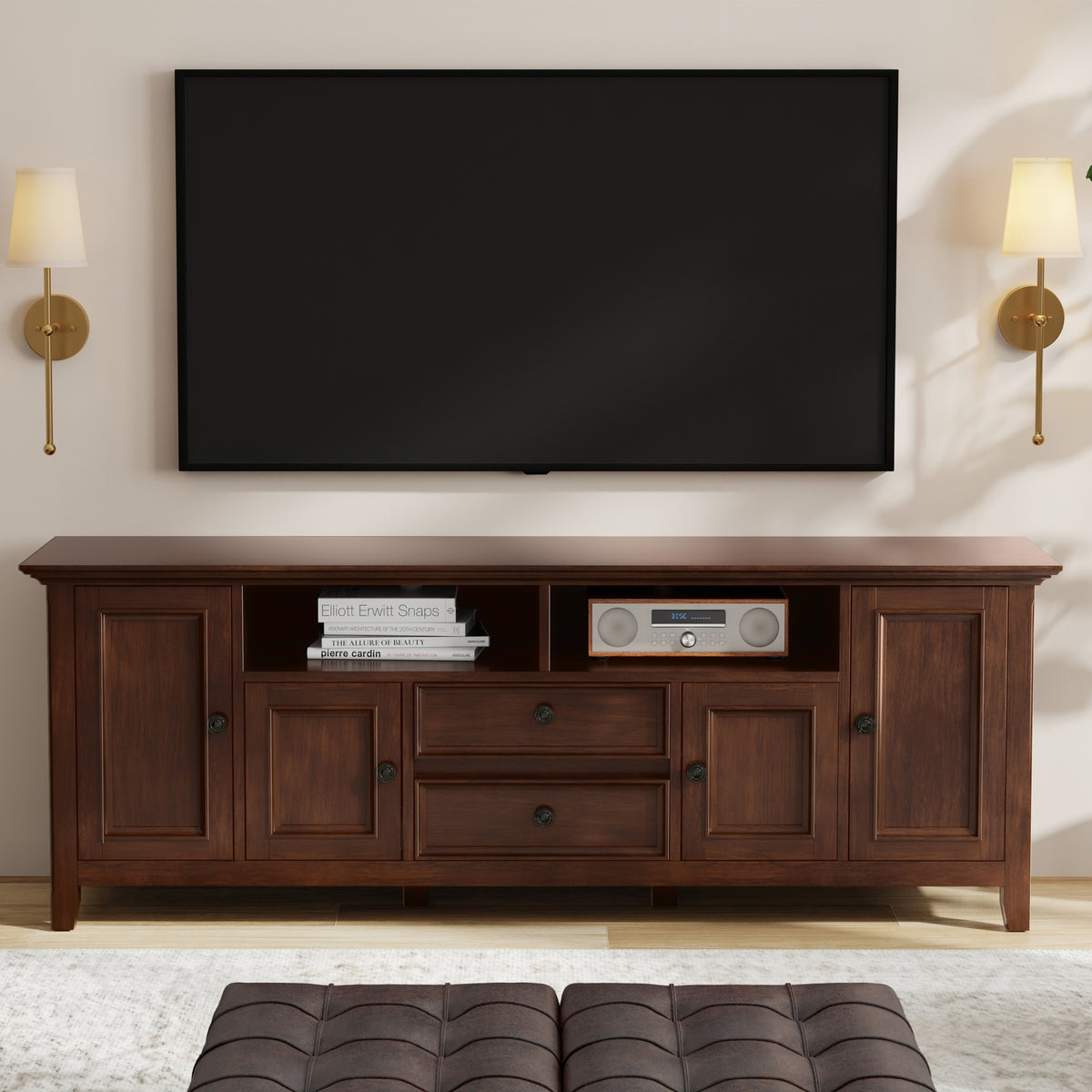Amherst 72 inch Wide Solid Wood TV Stand in Russet Brown For TVs up to 80 inches