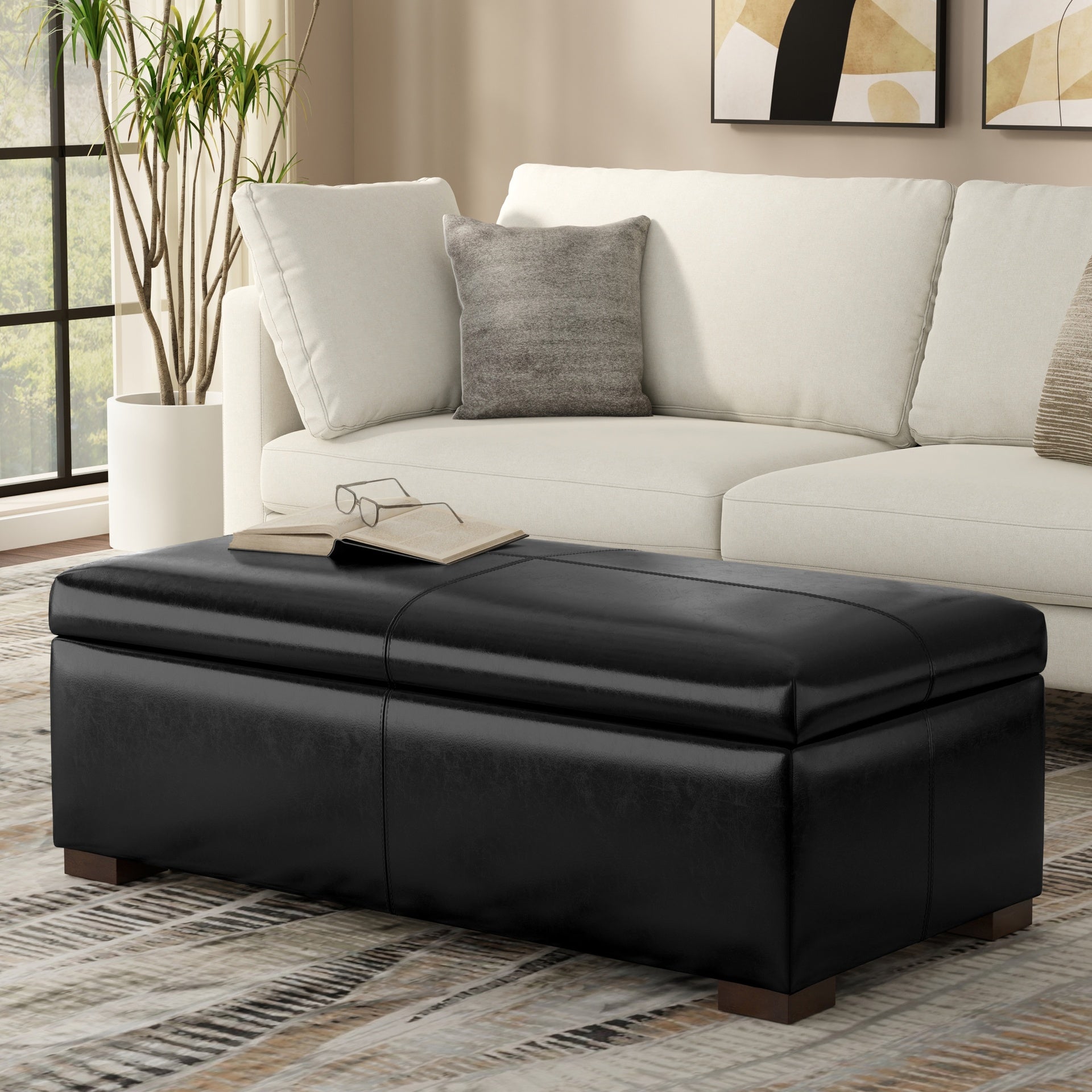 Gabbie 48 inch Wide Rectangular Storage Ottoman in Midnight Black PU Vegan Leather