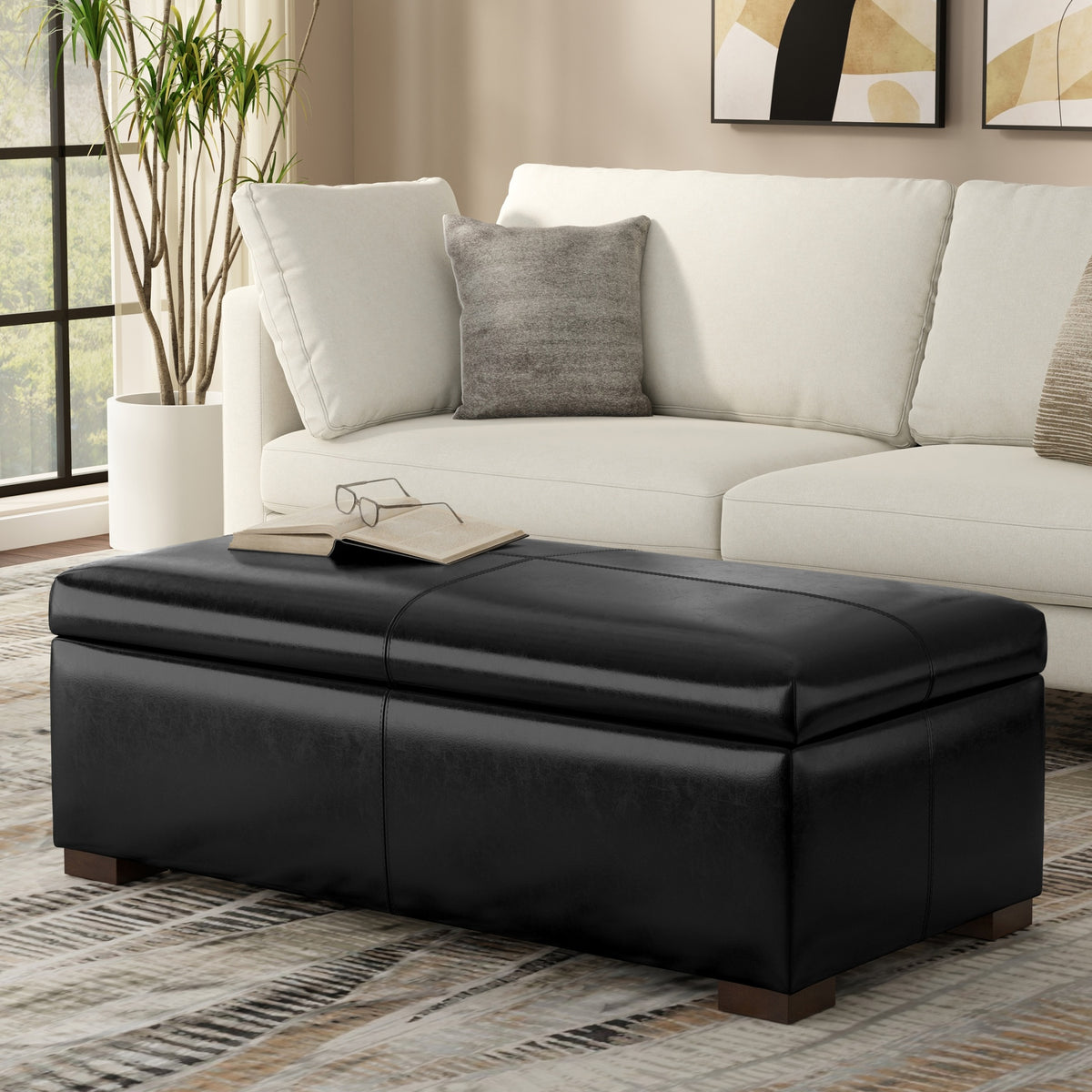 Gabbie 48 inch Wide Rectangular Storage Ottoman in Midnight Black PU Vegan Leather