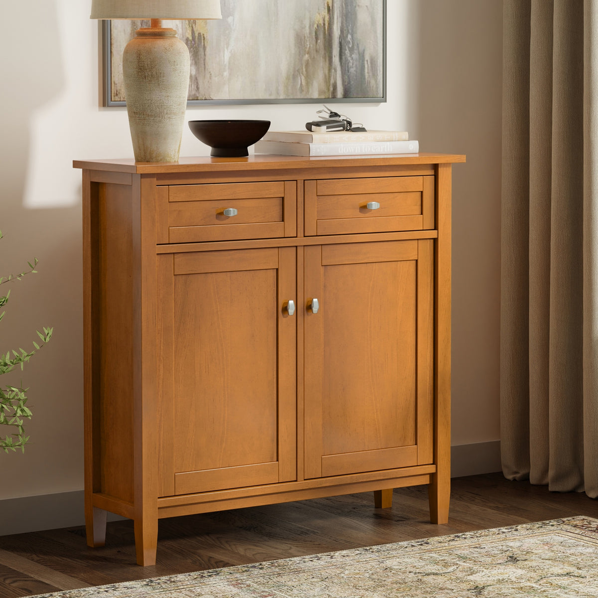 Warm Shaker 36 inch Wide Solid Wood Entryway Storage Cabinet in Light Golden Brown