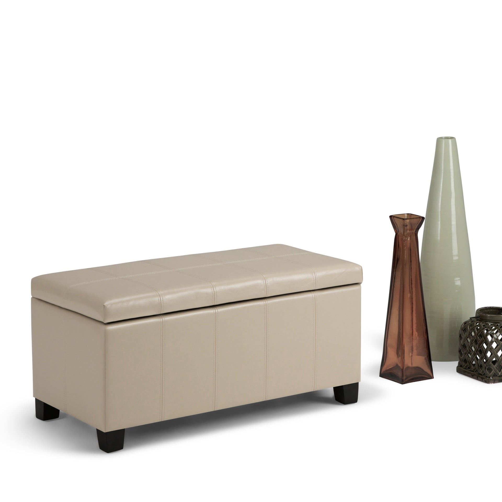Dover 36 inch Wide Storage Ottoman Bench in Satin Cream Vegan Leather