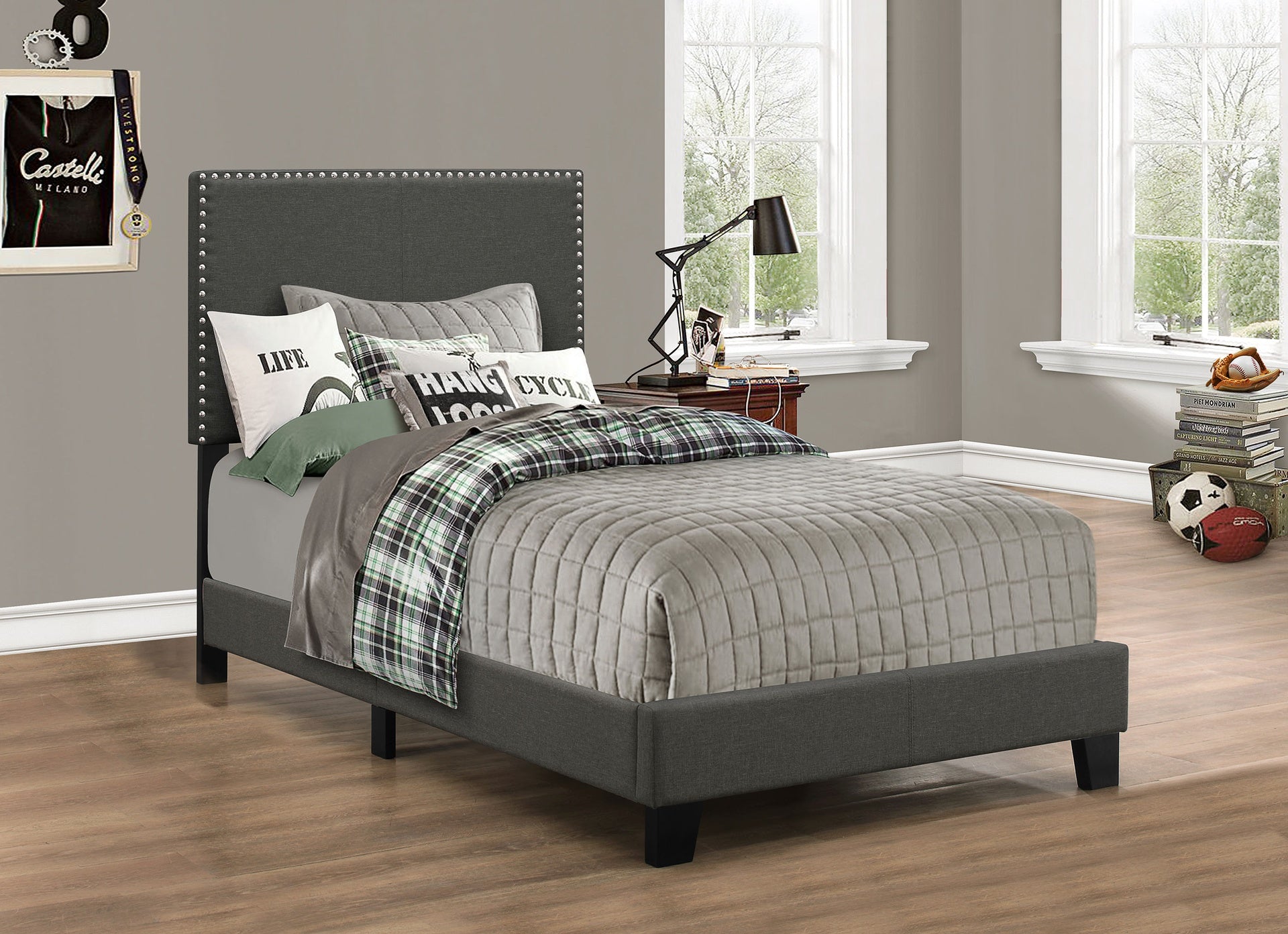 Charcoal Twin Bed with Nailhead Trim