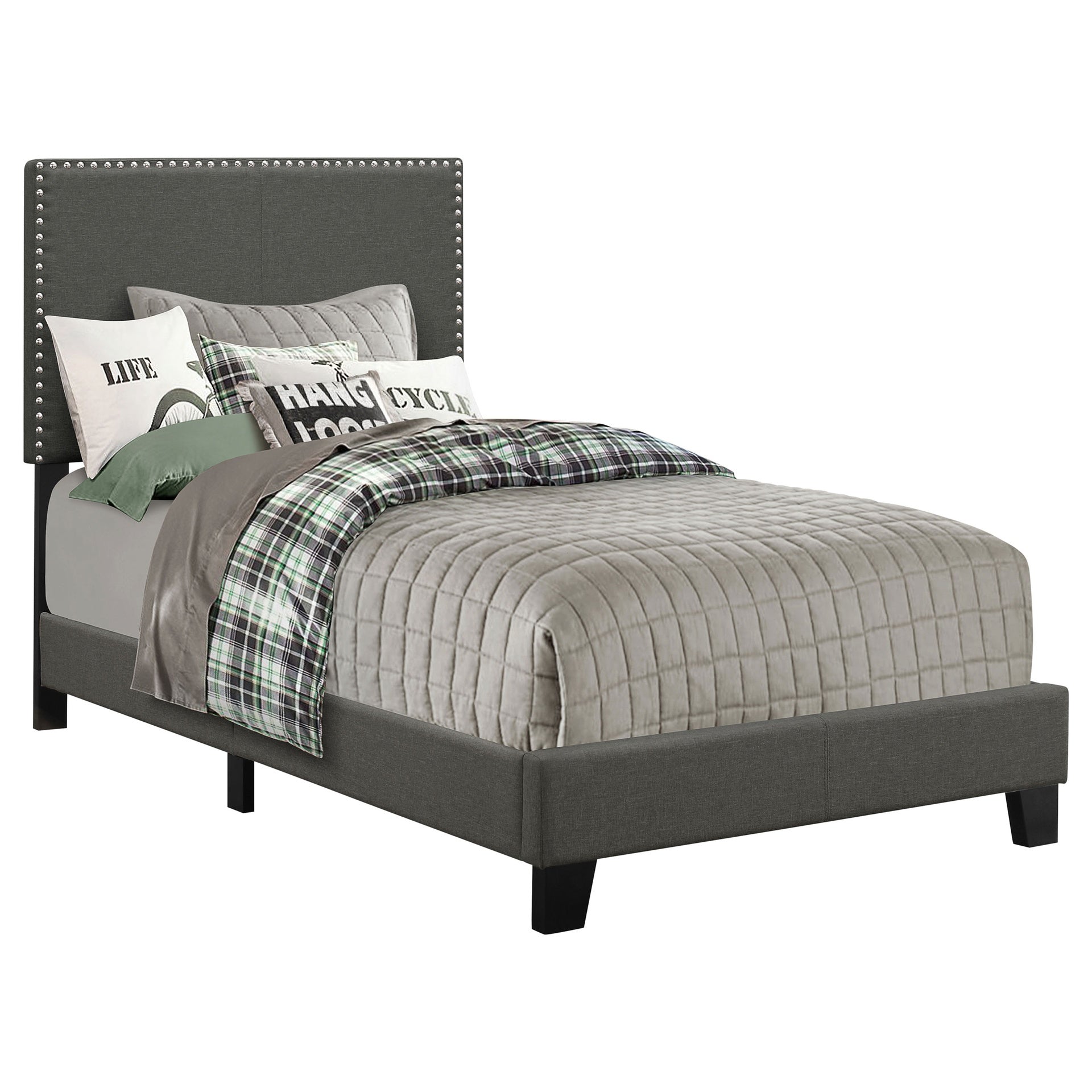 Charcoal Twin Bed with Nailhead Trim