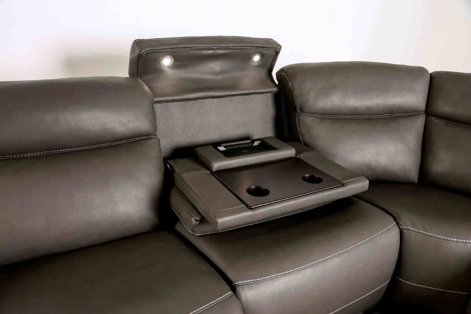 Power Reclining Sectional Couch Dark Gray Leatherette Sofa Corner Wedge Chairs Console Living Room Furniture Recliner L-Shaped Sectional