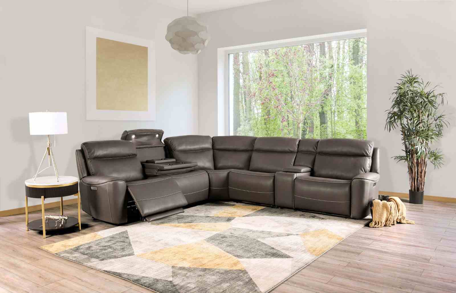 Power Reclining Sectional Couch Dark Gray Leatherette Sofa Corner Wedge Chairs Console Living Room Furniture Recliner L-Shaped Sectional