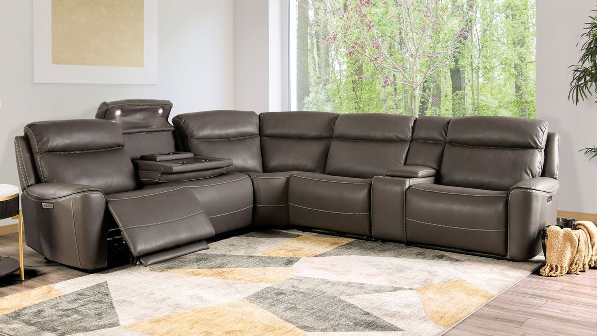 Power Reclining Sectional Couch Dark Gray Leatherette Sofa Corner Wedge Chairs Console Living Room Furniture Recliner L-Shaped Sectional