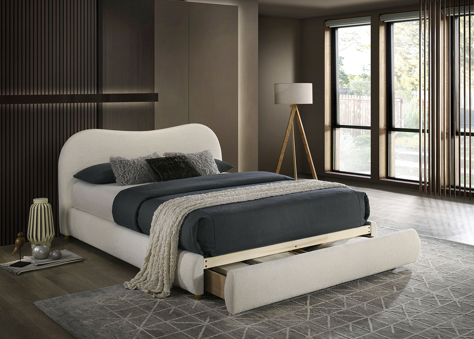 White Color Boucle Upholstered 1pc King Size Bed Curved Design Headboard Storage FB Bedroom Furniture Bedframe