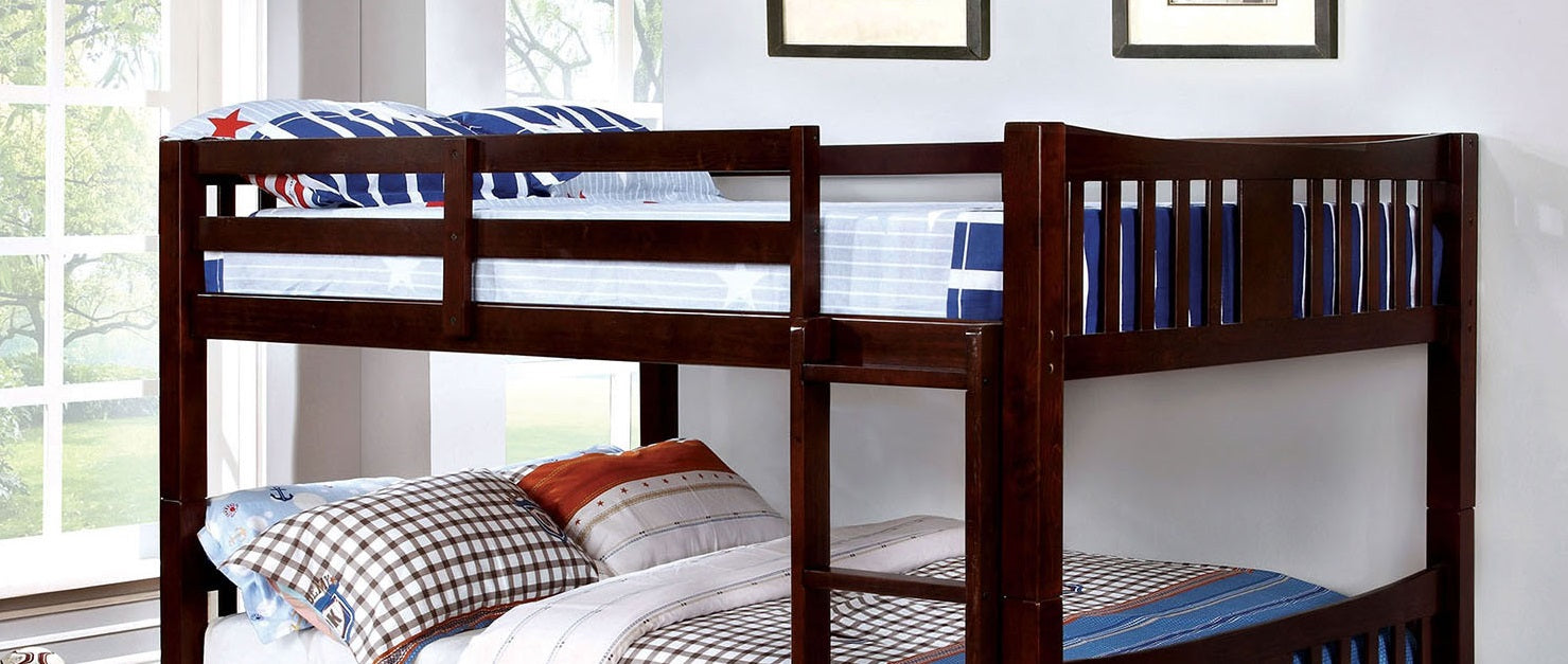 Transitional Style Full Over Full Bunk Bed Attached Ladder Solid Wood Form With Rails And Lock Joint Dark Walnut-Trundle Included