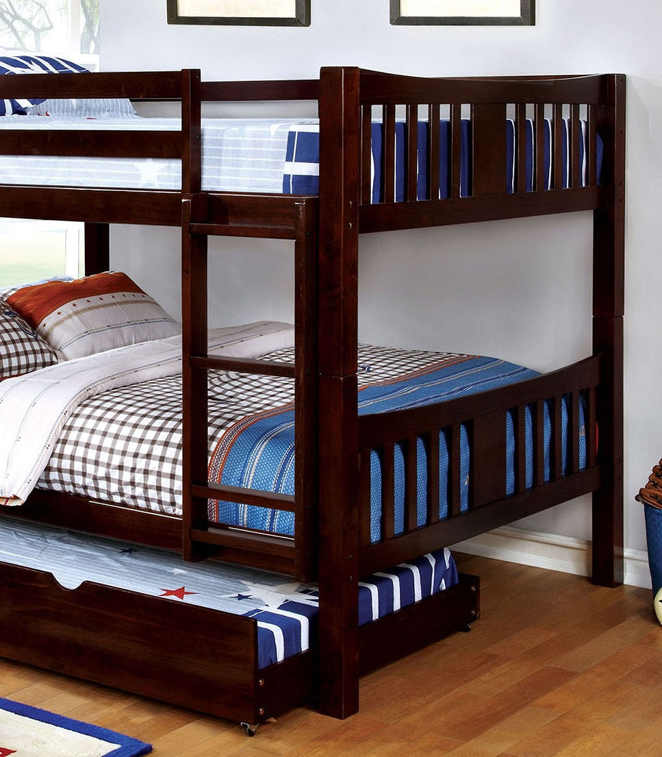 Transitional Style Full Over Full Bunk Bed Attached Ladder Solid Wood Form With Rails And Lock Joint Dark Walnut-Trundle Included