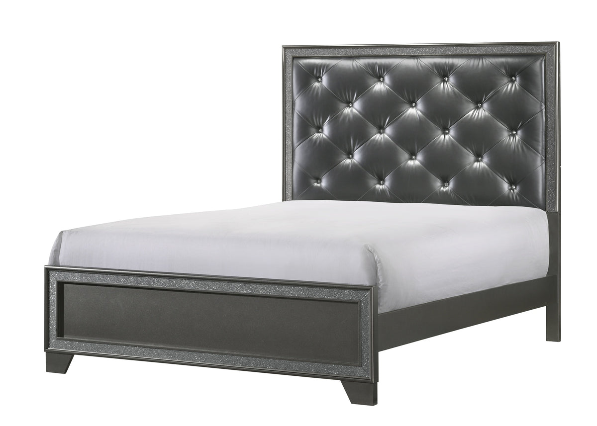 1pc King Size Panel Bed Dark Gray Shimmering Finishes Plush, Tufted Upholstery High Headboard