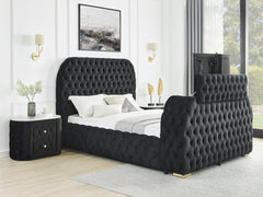 Luxurious Queen Size 3pc Bed Set Comfort Innovative Design Bed Deeply Tufted Headboard Upholstered Black Velvet Television Lift Built-in Electric Fireplace Bedroom Furniture 1x Bed 2x Nightstands