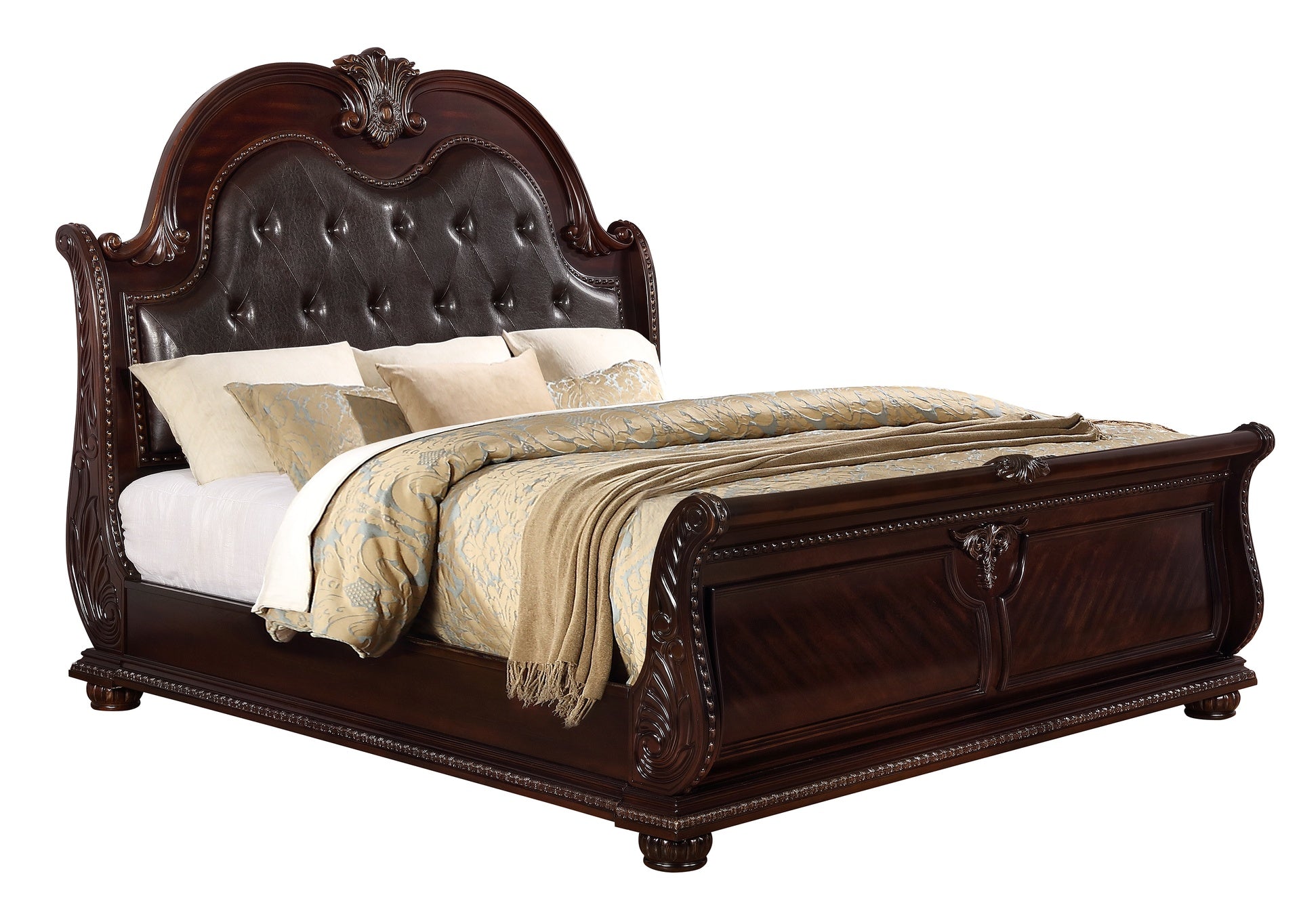 1pc Traditional Style Faux Leather Upholstered Headboard Button Tufted Formal Bedroom Furniture Formal Queen Sleigh Bed Antique Brown Finish