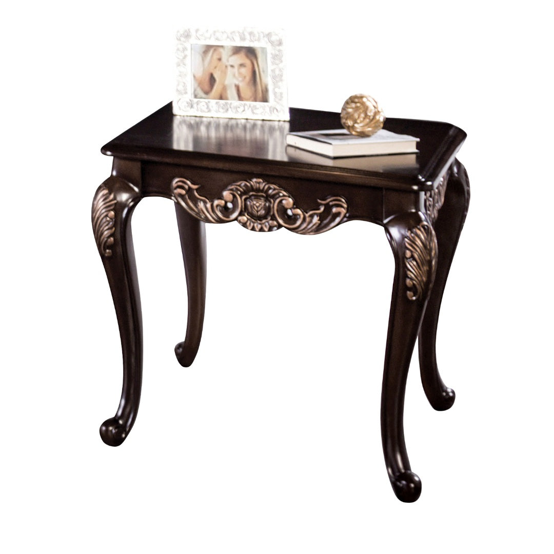 Traditional Style 1pc Square End Table Solid Wood Structure Curve Legs Gold Finish Carved Design Dark Cherry Finish