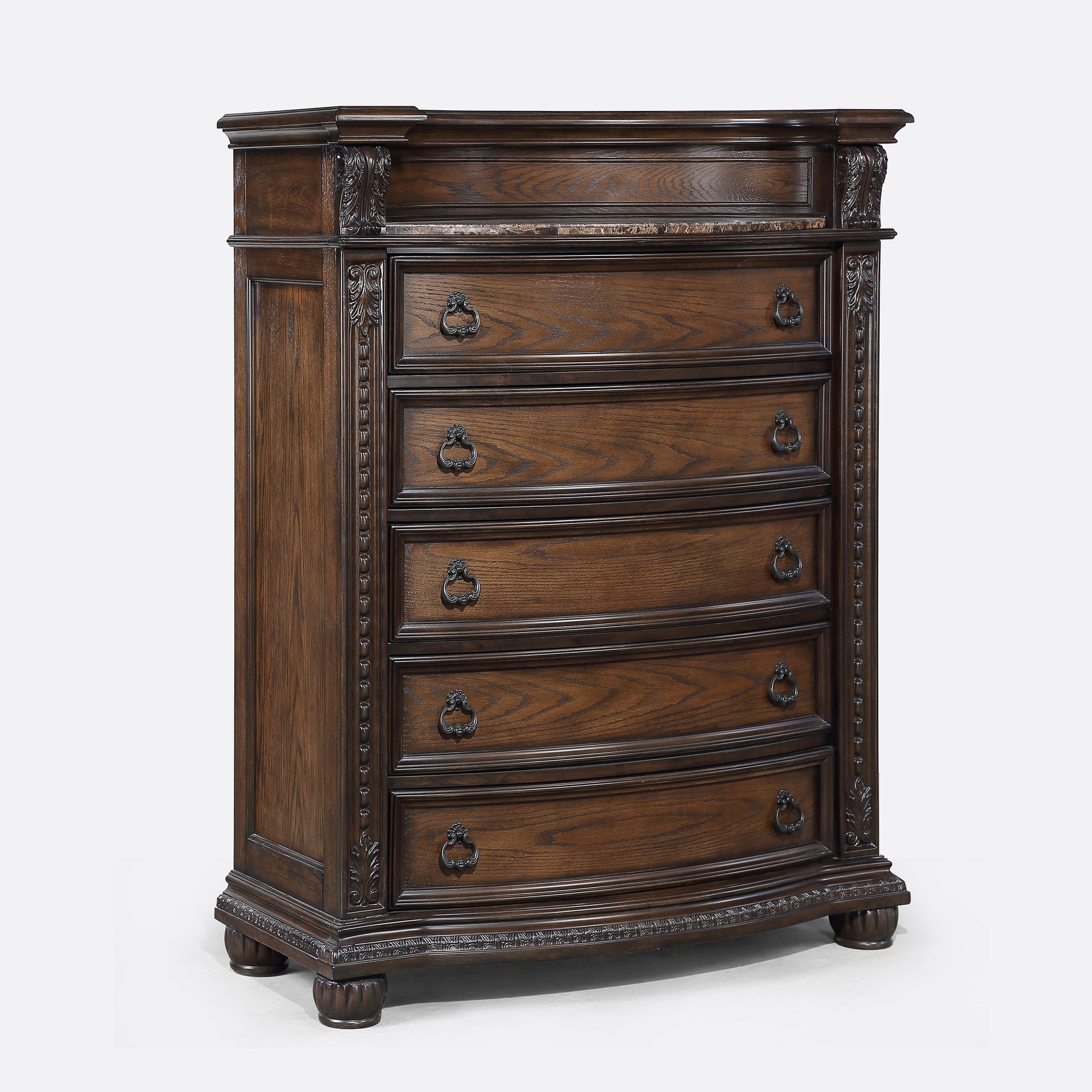 1pc Marble Top Five Drawers Tall Chest Intricate Moldings Beautifully Curved Silhouette Antiqued Hardware Bedroom Solid Wood Furniture Coffee Brown Finish