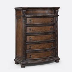 1pc Marble Top Five Drawers Tall Chest Intricate Moldings Beautifully Curved Silhouette Antiqued Hardware Bedroom Solid Wood Furniture Coffee Brown Finish