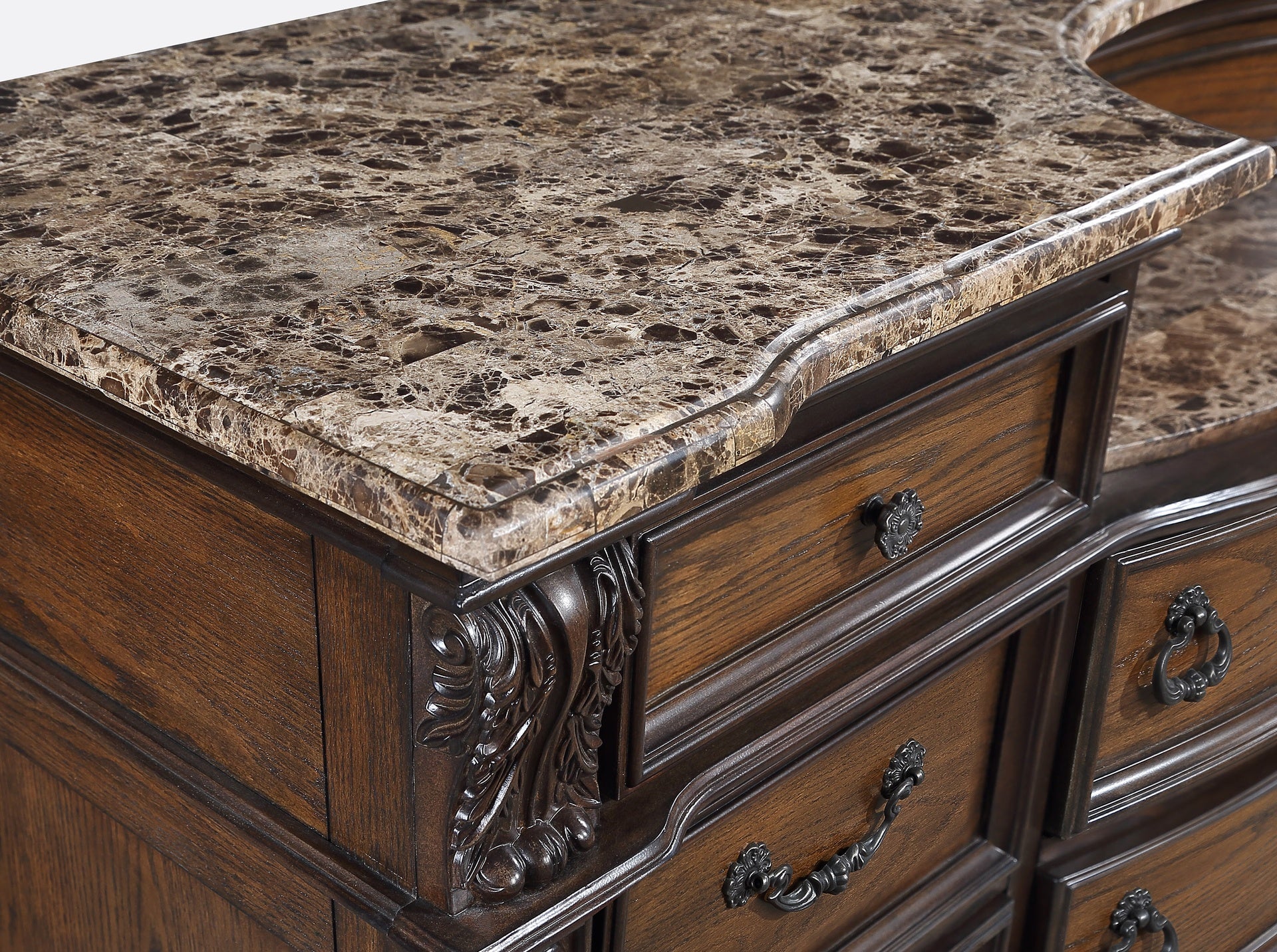 1pc Marble Top Five Drawers Tall Chest Intricate Moldings Beautifully Curved Silhouette Antiqued Hardware Bedroom Solid Wood Furniture Coffee Brown Finish
