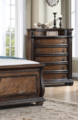 1pc Marble Top Five Drawers Tall Chest Intricate Moldings Beautifully Curved Silhouette Antiqued Hardware Bedroom Solid Wood Furniture Coffee Brown Finish