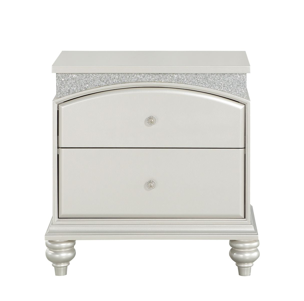 Platinum Finish Glam Nightstand with 2x Drawers Sparkling Rhinestones Wooden Bedroom Furniture 1pc
