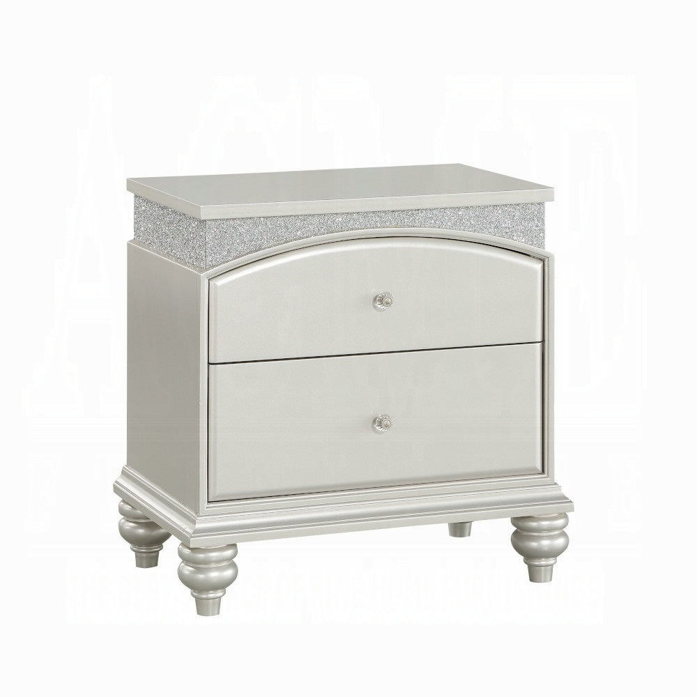 Platinum Finish Glam Nightstand with 2x Drawers Sparkling Rhinestones Wooden Bedroom Furniture 1pc