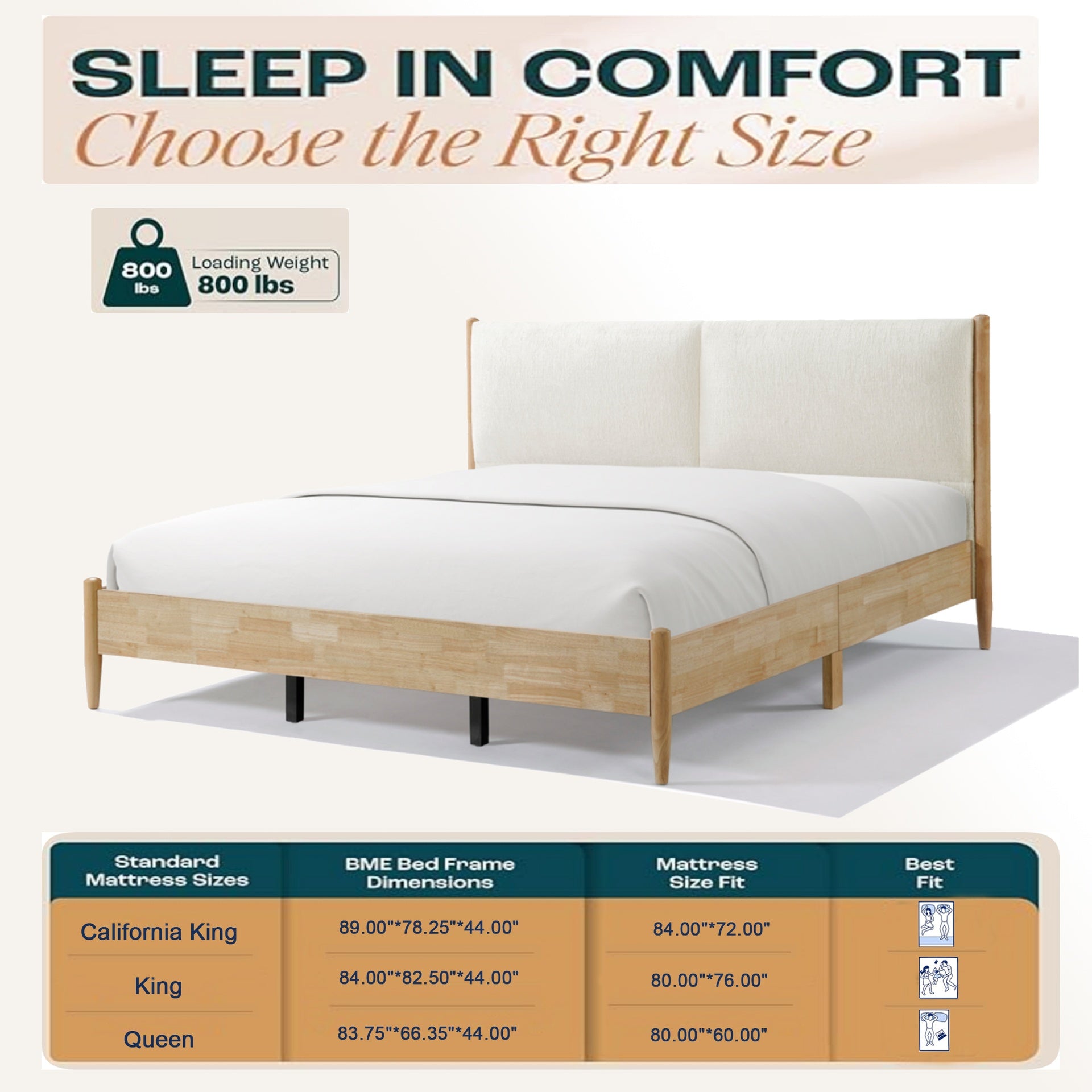 Queen Size Natural wood Bed Frame with White Cozy Upholstered Headboard
