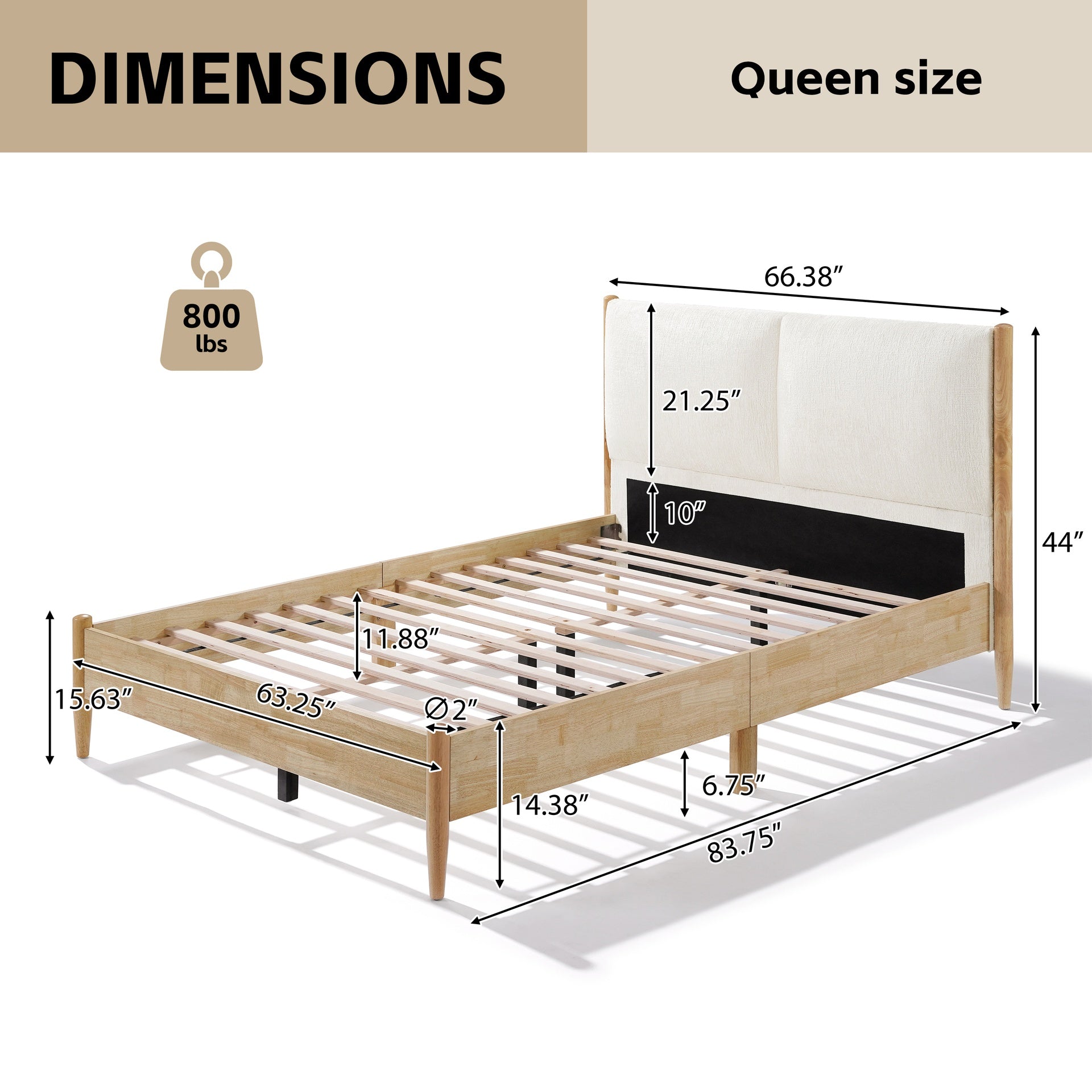 Queen Size Natural wood Bed Frame with White Cozy Upholstered Headboard