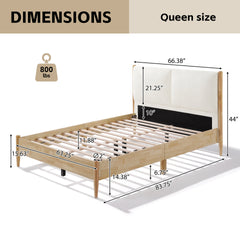 Queen Size Natural wood Bed Frame with White Cozy Upholstered Headboard