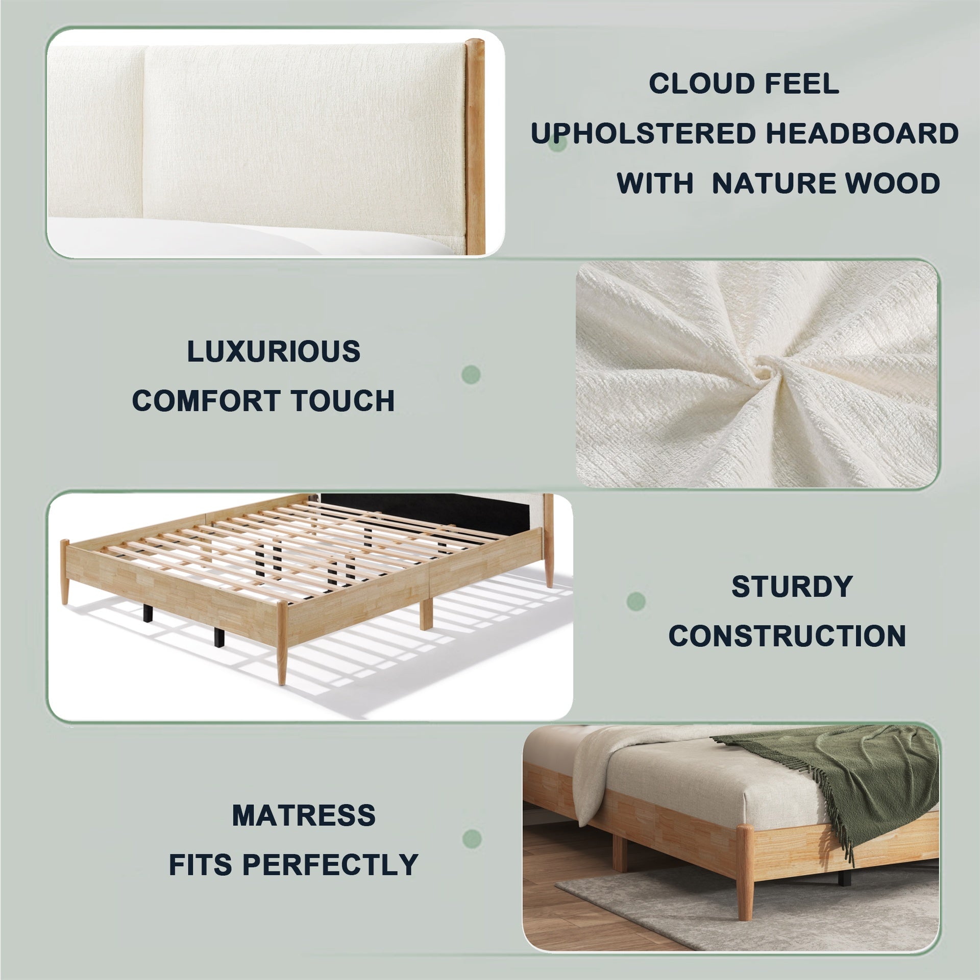 Queen Size Natural wood Bed Frame with White Cozy Upholstered Headboard