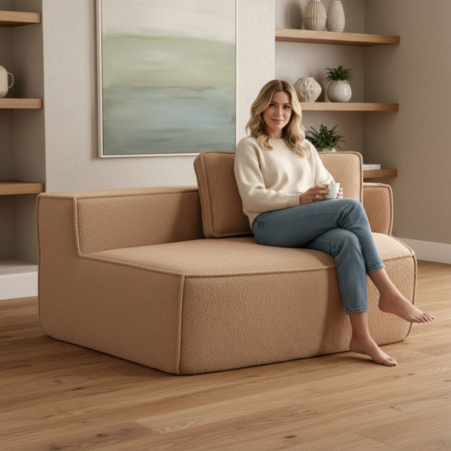 Brown Teddy Fleece Single Sofa Chair, Compressed Modular Floor Couch with Wide Seat and Three Back Cushions, Soft All-Foam Support, Cozy Lounge Chair for Living Room, Dorm, Kids & Pets-33017-R