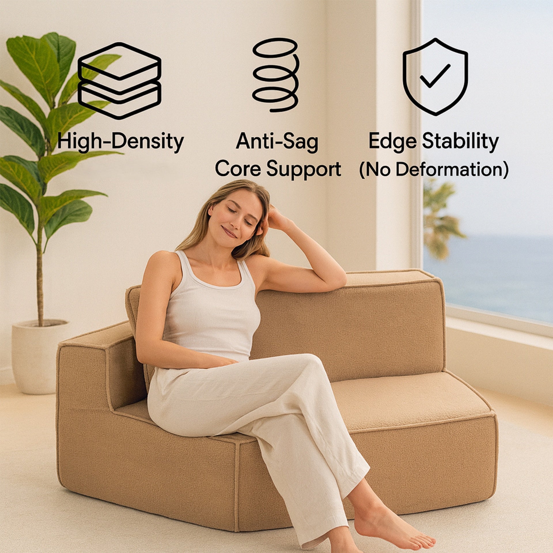 Brown Teddy Fleece Single Sofa Chair, Compressed Modular Floor Couch with Wide Seat and Three Back Cushions, Soft All-Foam Support, Cozy Lounge Chair for Living Room, Dorm, Kids & Pets-33017-R