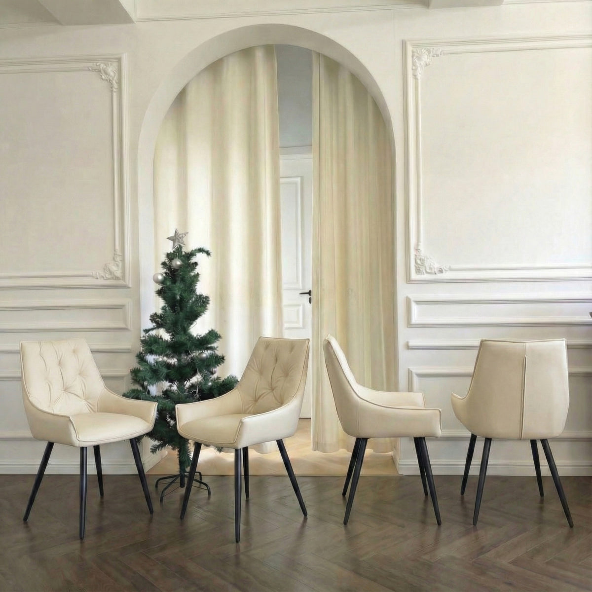 Dining Chairs Set of 4, Off White Faux Leather Dining Room Chair, Metal Kitchen Chairs with Gold Mesh Texture and Black Sanded Legs, Flat Back Upholstered Chair (Off White, Set of 4)