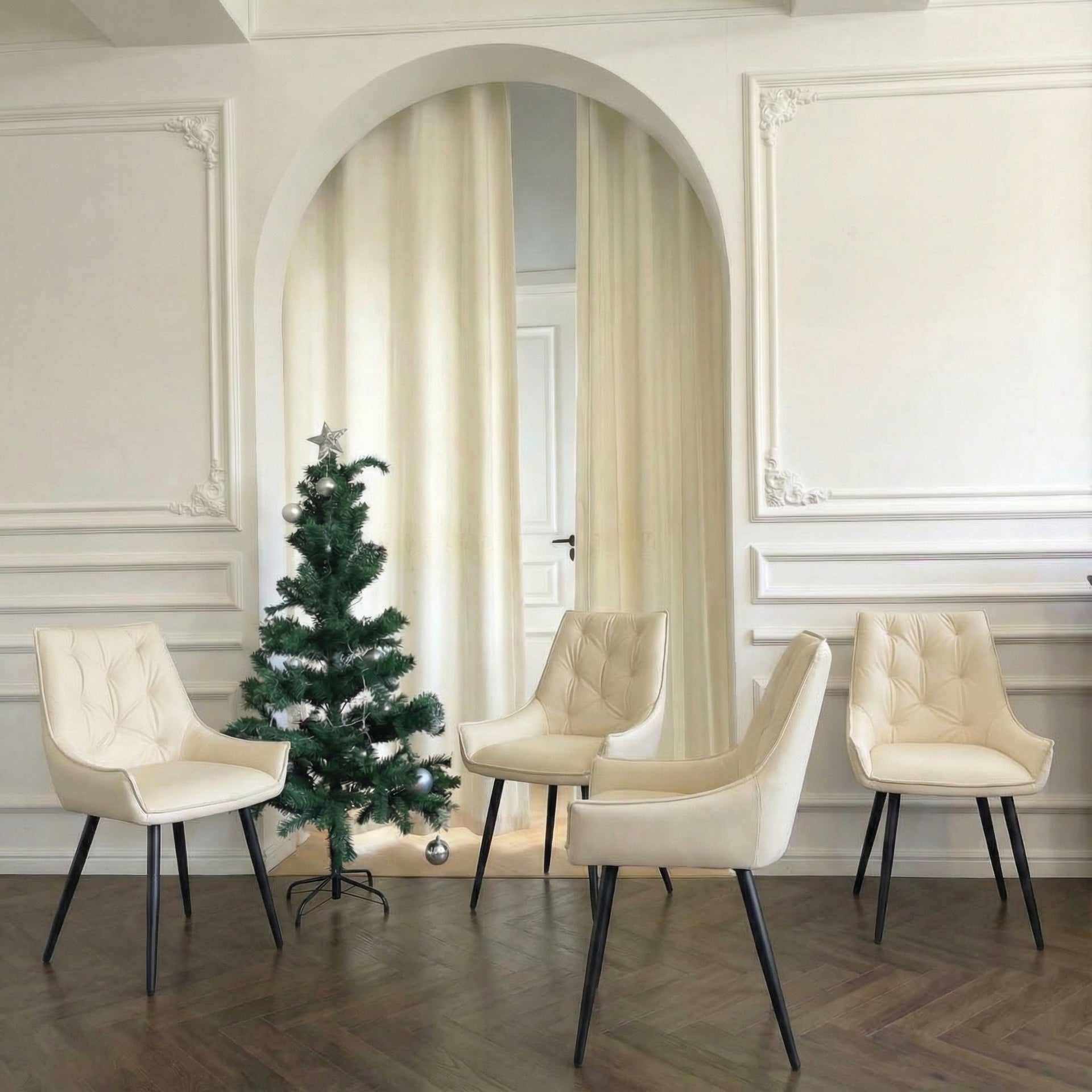 Dining Chairs Set of 4, Off White Faux Leather Dining Room Chair, Metal Kitchen Chairs with Gold Mesh Texture and Black Sanded Legs, Flat Back Upholstered Chair (Off White, Set of 4)