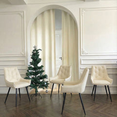 Dining Chairs Set of 4, Off White Faux Leather Dining Room Chair, Metal Kitchen Chairs with Gold Mesh Texture and Black Sanded Legs, Flat Back Upholstered Chair (Off White, Set of 4)