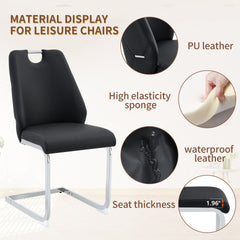 Dining Chairs Set of 2, Black Faux Leather Kitchen Chairs with Gold Mesh Texture, Silver Back Ring and Chrome Pull Handle, High Back Upholstered Dining Room Chair (Black, Set of 2)